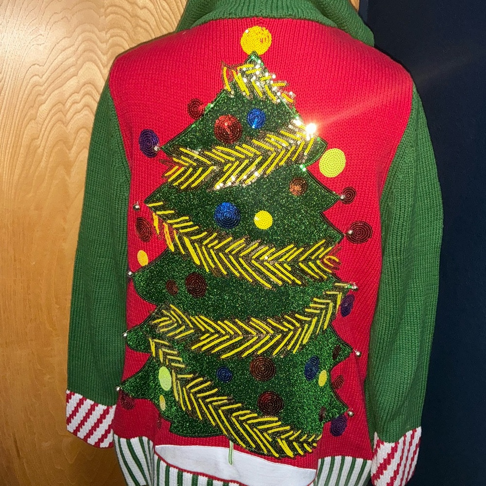 Nordstrom Holiday “The Tree” Hooded Cardigan Sweater Green/Red Women’s Small